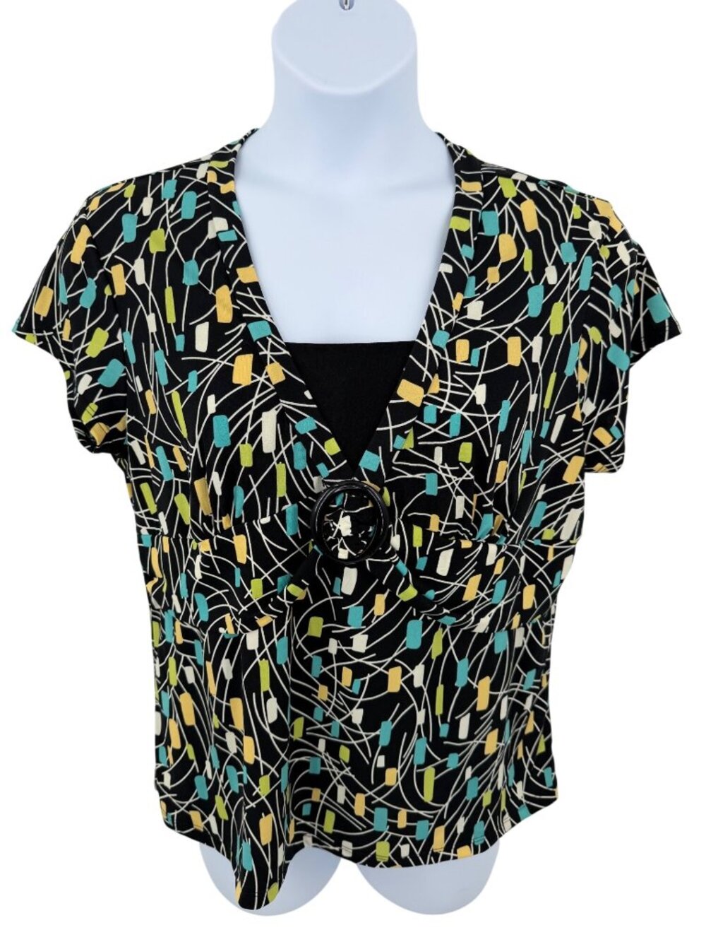 BRIGGS NEW YORK TURQUOISE BLUE YELLOW GEOMETRIC PRINT BUCKLE DETAIL TOP - USA XL
